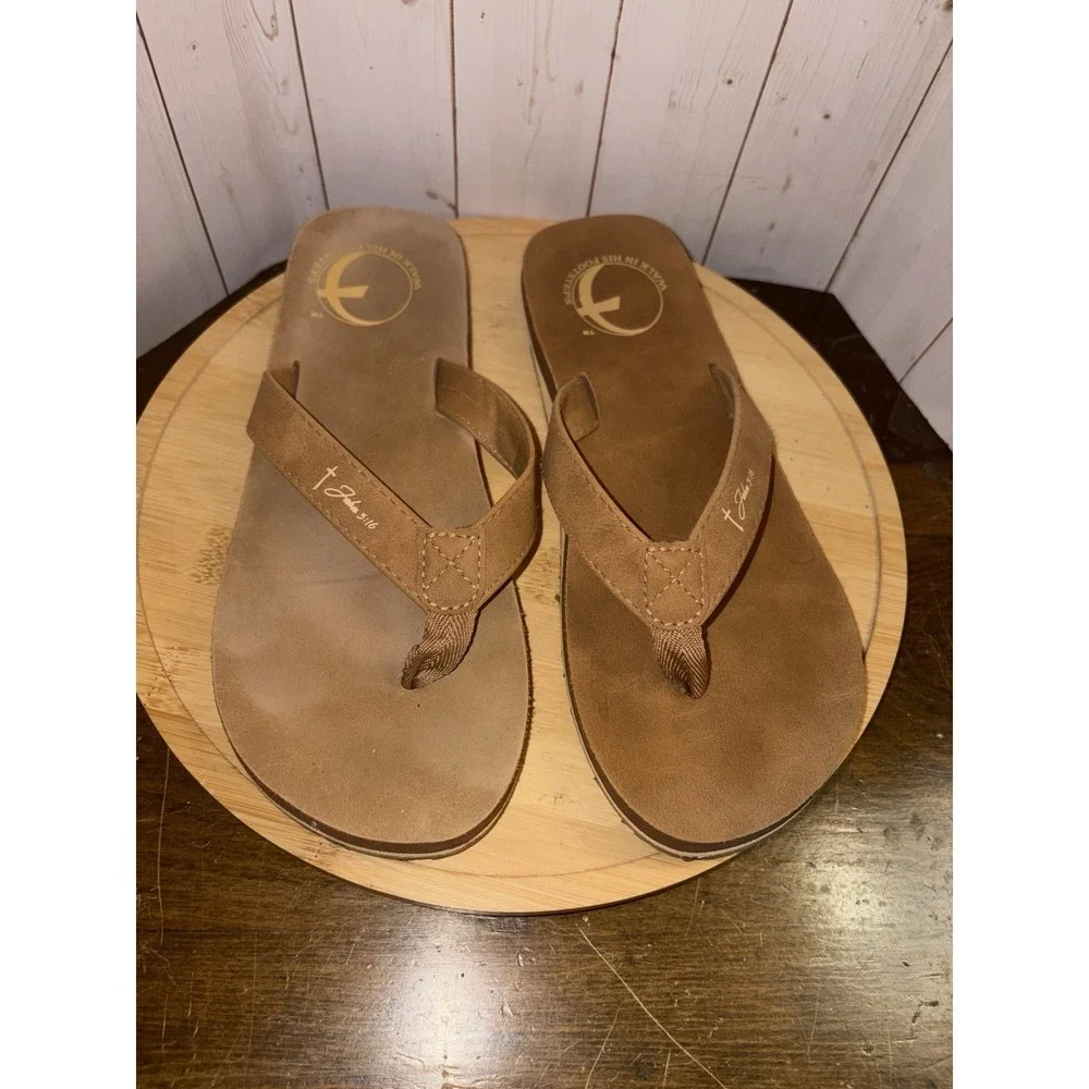 Walk In His Footsteps ‎ Sandals Cross Footprint John 3:16 Brown Size 8